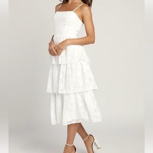 Lulus Grace and Beauty White Burnout Floral Print Tiered Dress | Size Medium